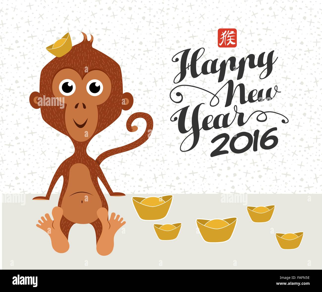 2016 Joyeux Nouvel An chinois du singe. Cute funny ape design avec des éléments traditionnels de lingots en style cartoon. Illustration de Vecteur