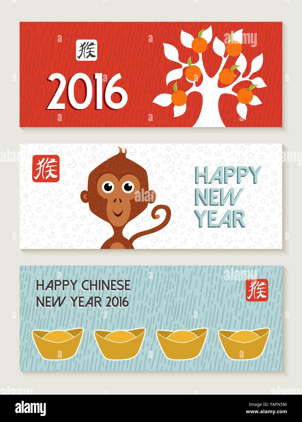 2016 Joyeux Nouvel An chinois du singe. Cute cartoon singe jeu de bannières avec célébration traditionnelle et des éléments de texte. EPS10. Illustration de Vecteur