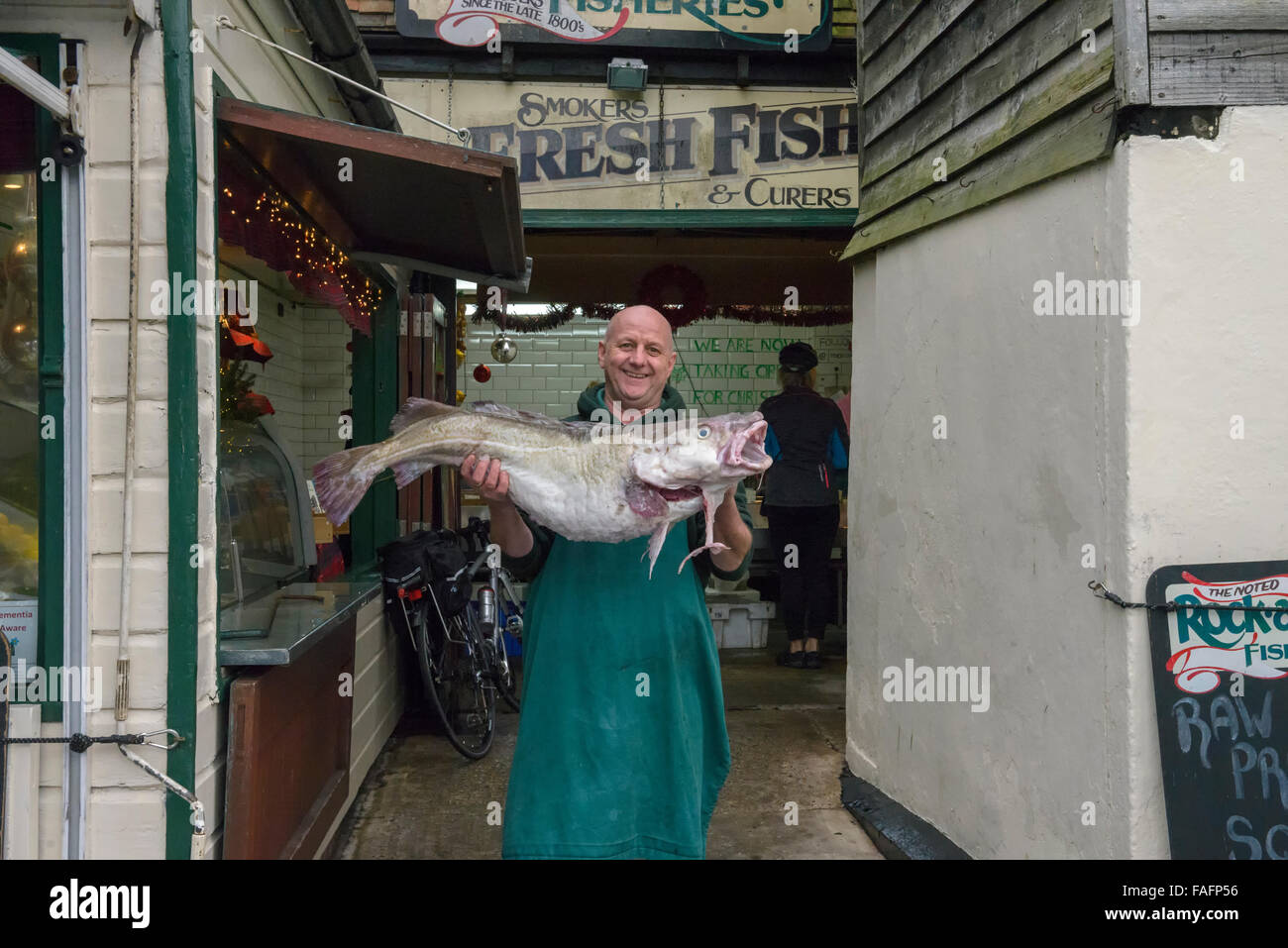 Sonny Elliot, propriétaire de rock-a-pêches Nore, tenant une pêche locale fraîche 40lb cod. Hastings. East Sussex. L'Angleterre. UK. Banque D'Images