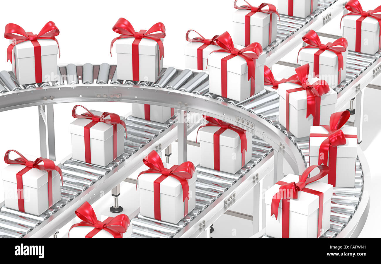 Système de transport à rouleaux industriels. Les convoyeurs en acier dans des directions différentes, avec des coffrets cadeaux. Blanc avec des rubans rouges. Banque D'Images