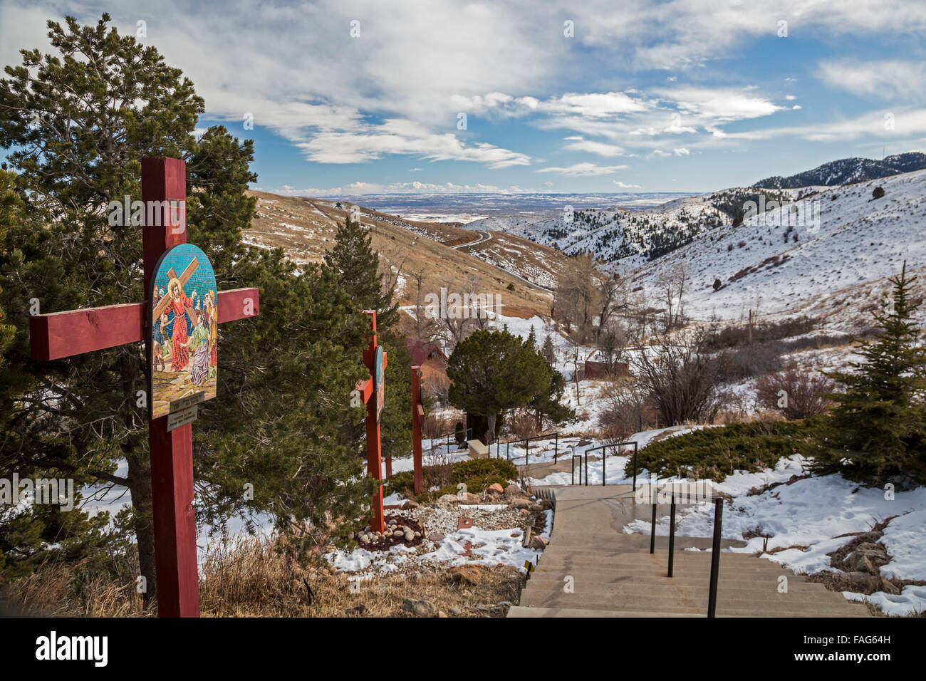 Golden, Colorado - Le chemin de croix le long de la 373-Pas Escalier de Prière au sanctuaire de Mère Cabrini. Banque D'Images