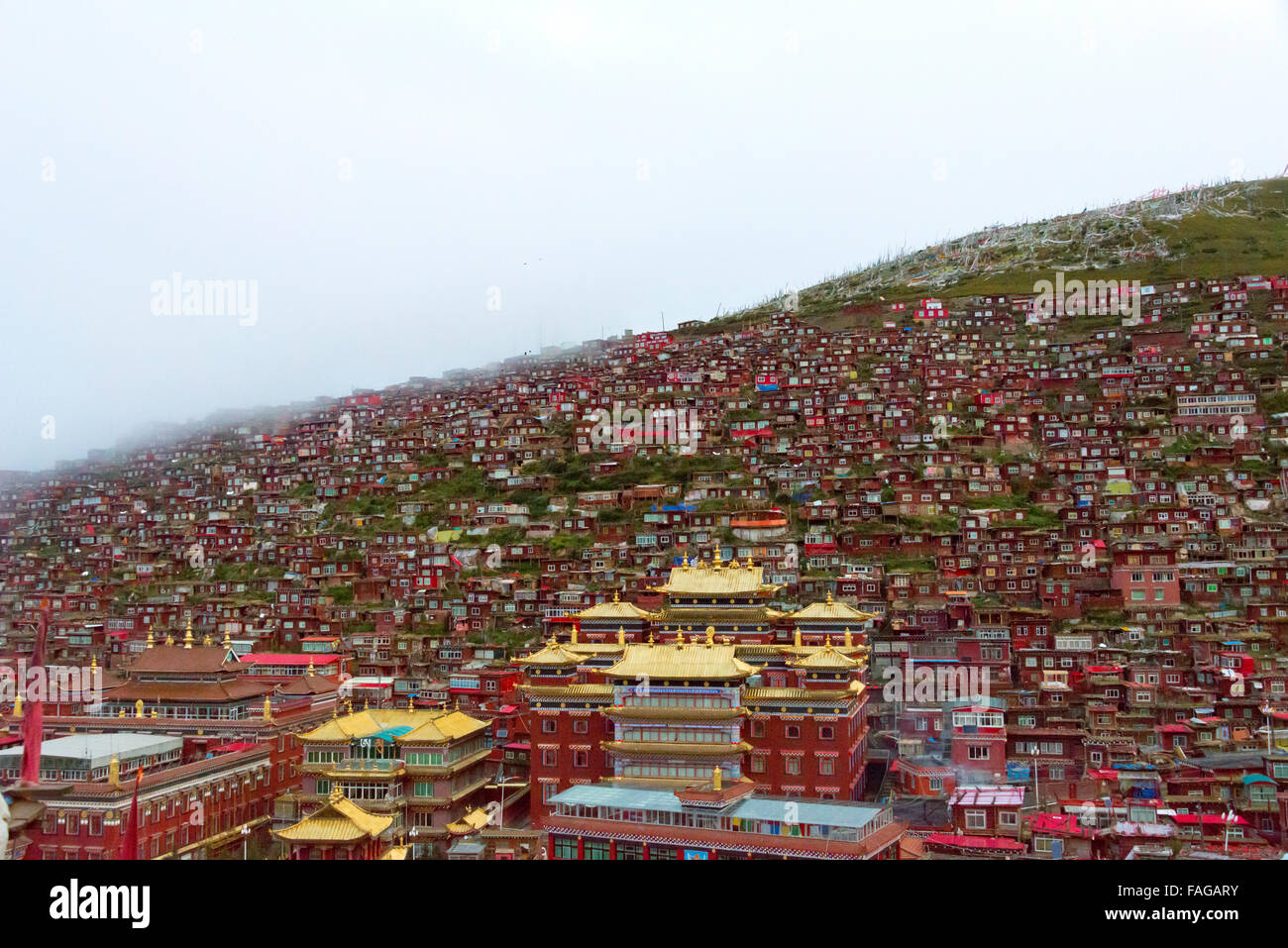 Seda Larong Wuming Institut bouddhiste, temple avec red log cabins vécu par les moines et moniales couvrant côté montagne, Sichuan, Chine Banque D'Images