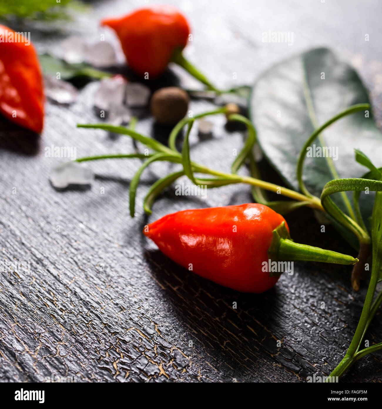 Close up of orange Hot Chili Peppers, sel de mer, verdure de fissures fond noir Banque D'Images