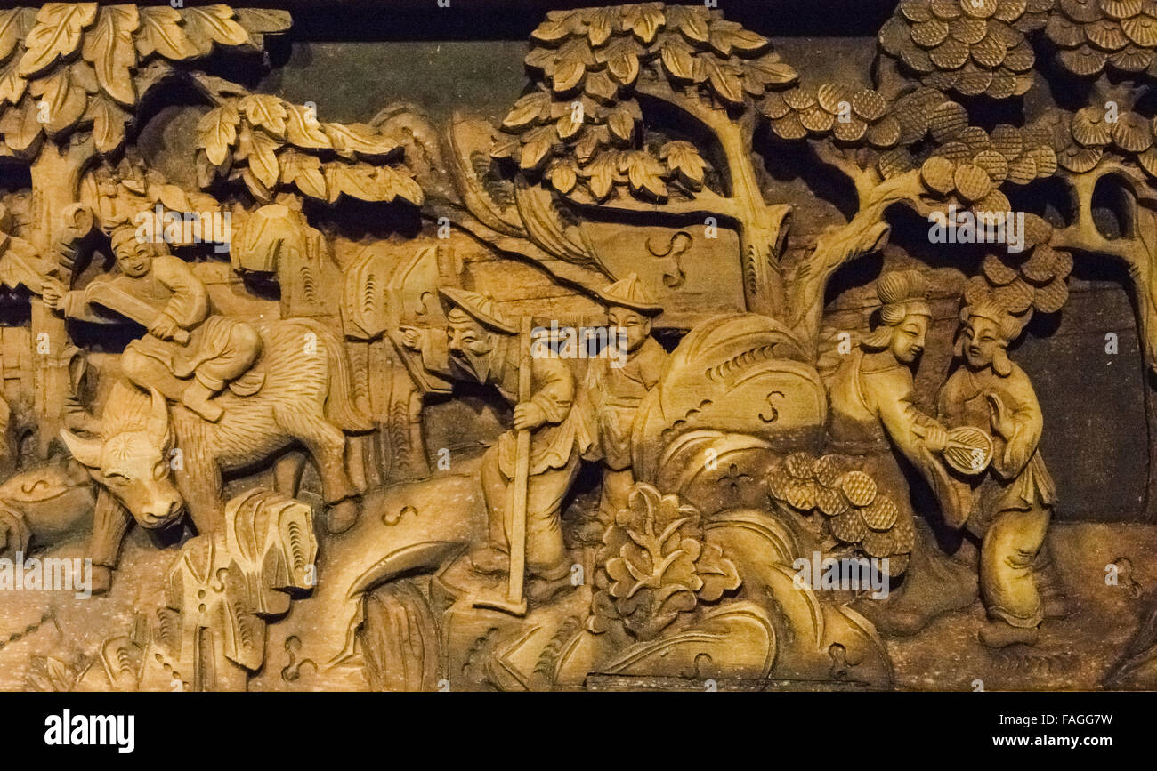 La sculpture sur bois avec le thème de l'examen impérial en musée de l'examen impérial chinois, Nanjing, Jiangsu Province, China Banque D'Images
