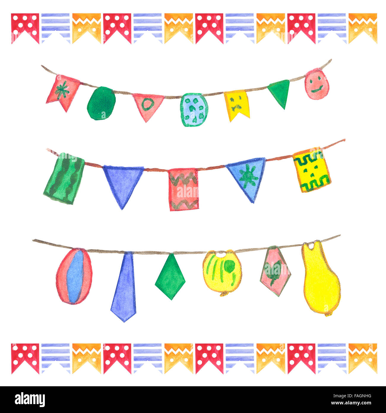 Guirlandes drapeaux aquarelle set. Décoration d'anniversaire. Les guirlandes électriques réalisés dans différentes couleurs : vert, jaune, orange, rouge, bleu. Banque D'Images