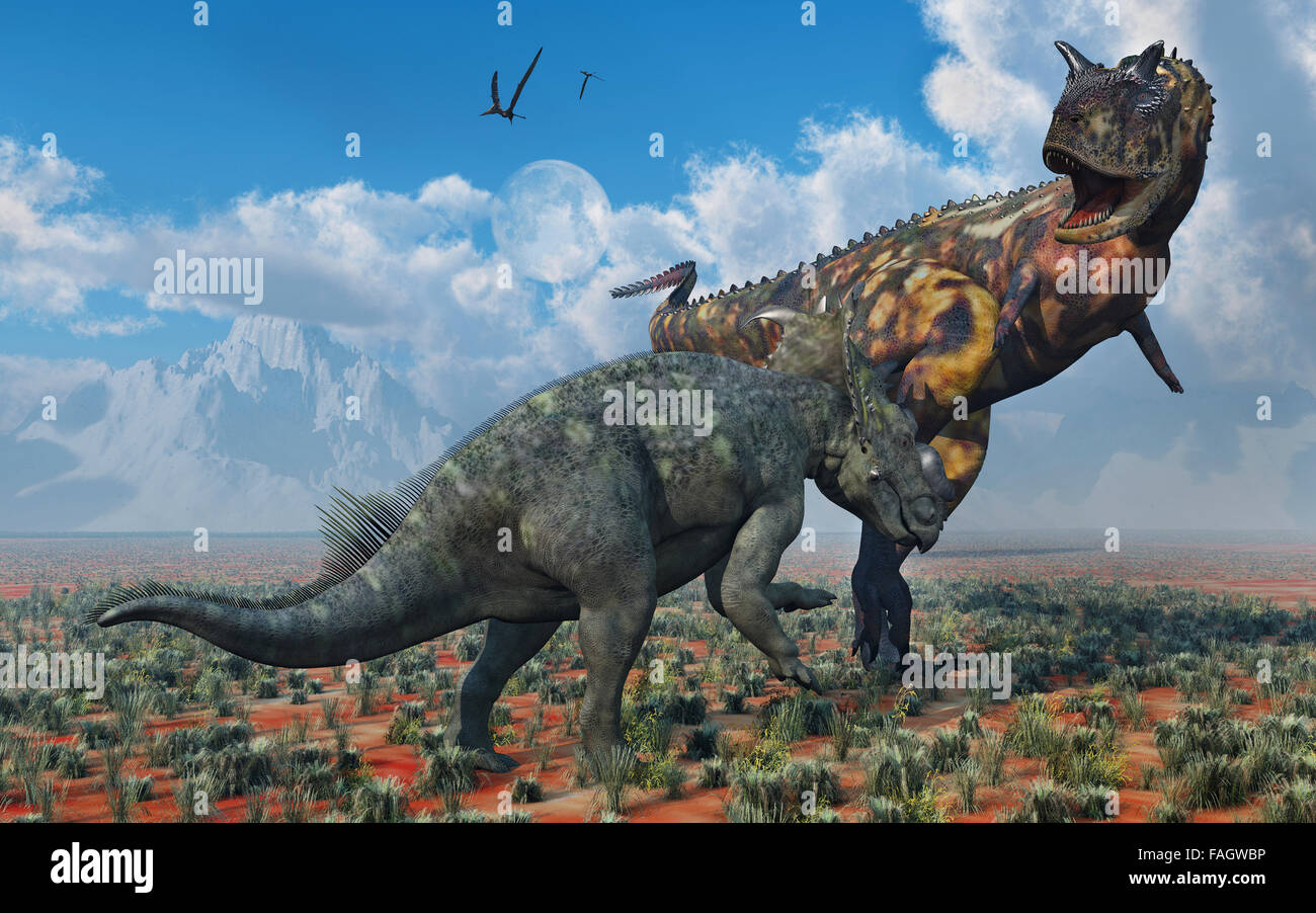 Un Confroning Pachyrhinosaurus UN Carnotaurus Banque D'Images