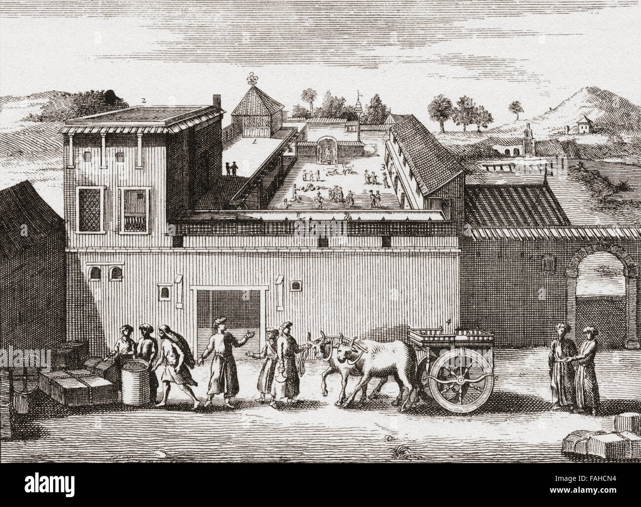 Le poste de traite établi par la British East India Company à Surat, en Inde, c.1680. Banque D'Images