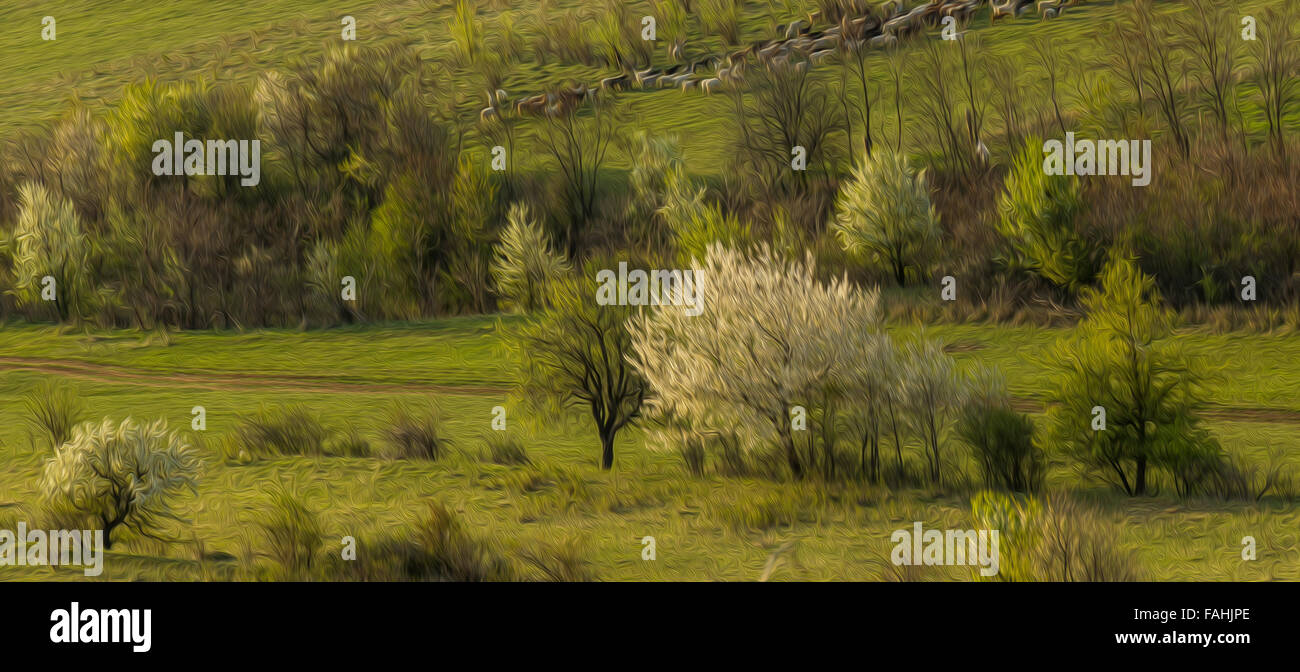 Arbres en fleurs au printemps paysage peinture à l'huile Banque D'Images