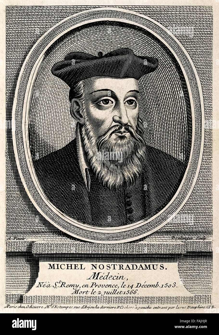 Portrait de Michel Nostradamus (1503-1566), gravure par Jean Boulanger (1607-1680) vers 1650. Voir la description pour plus d'informations. Banque D'Images