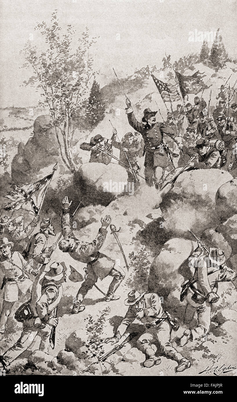 Gouverneur Kemble Warren défend Little Round Top à la bataille de Gettysburg, le 2 juillet 1863, pendant la guerre civile américaine. Banque D'Images