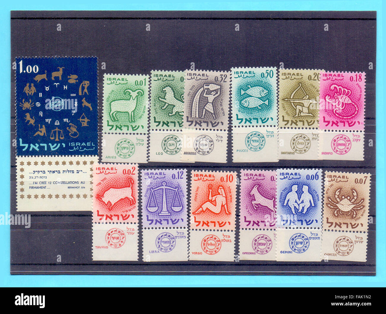 Série complète de timbres de la série Zodiaque israélien 1961 Banque D'Images