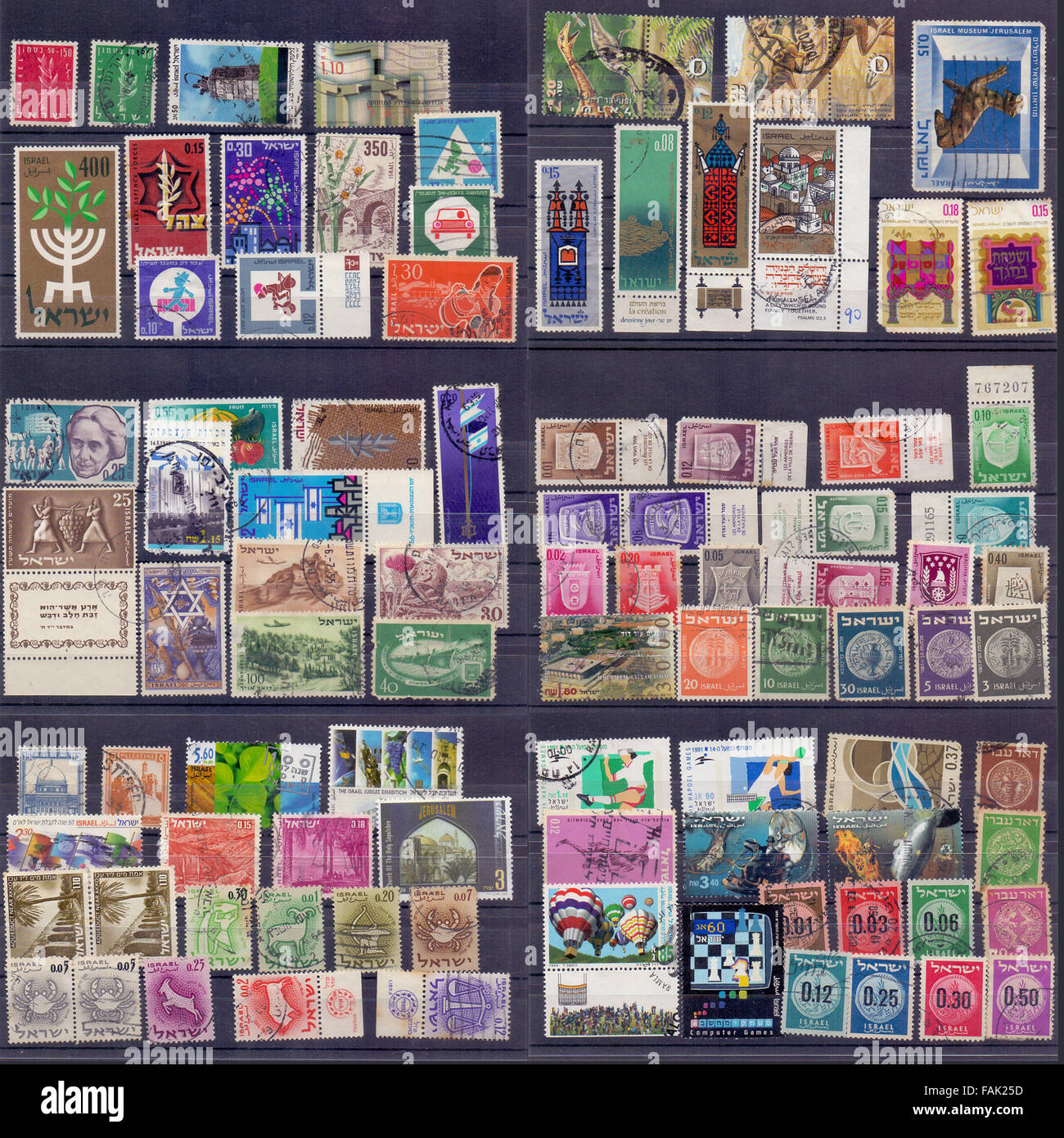 Une grande collection de vieux timbres israéliens utilisés depuis les années 1950 et 1960 Banque D'Images