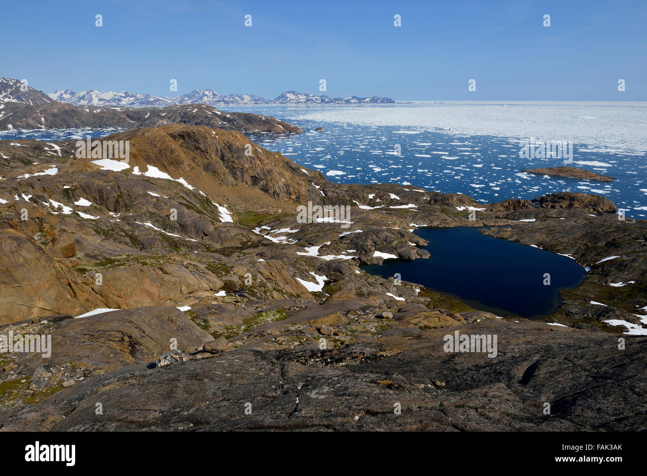 Flux polaire d'icebergs et banquise, glaces en dérive, à l'Est de l'île d'Ammassalik Angmagssalik et, dans l'Est du Groenland, Kalaallit Nunaat Banque D'Images