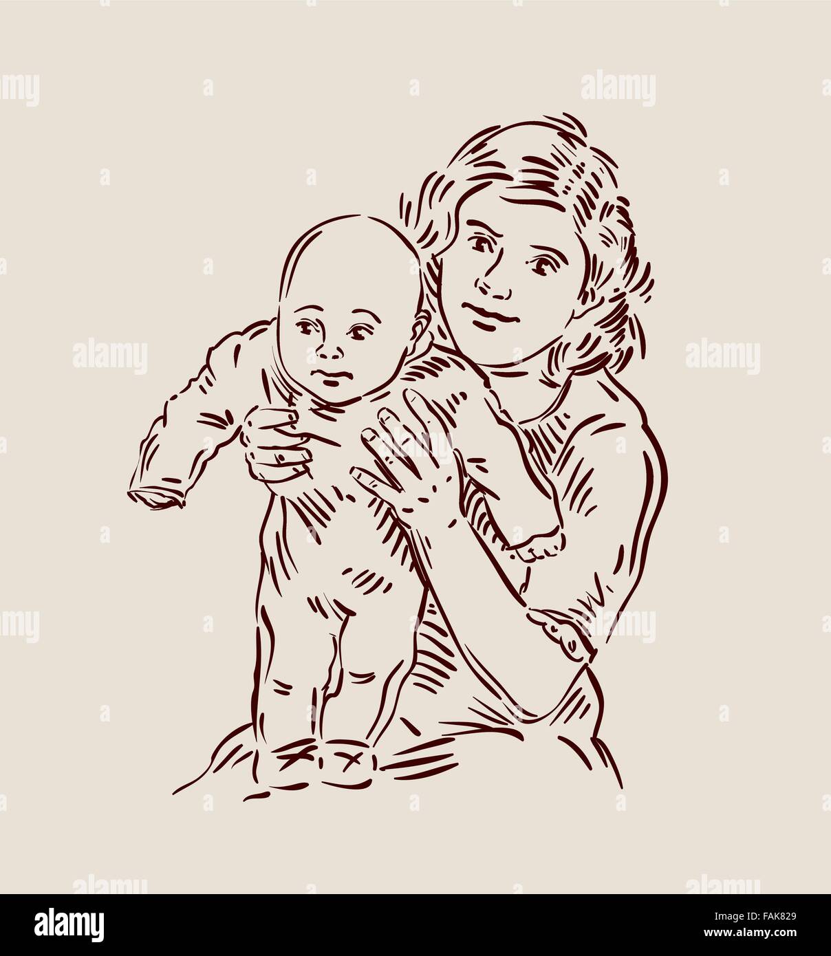 Jeune Mere Dessine A La Main Avec Un Bebe Croquis Vector Illustration Image Vectorielle Stock Alamy