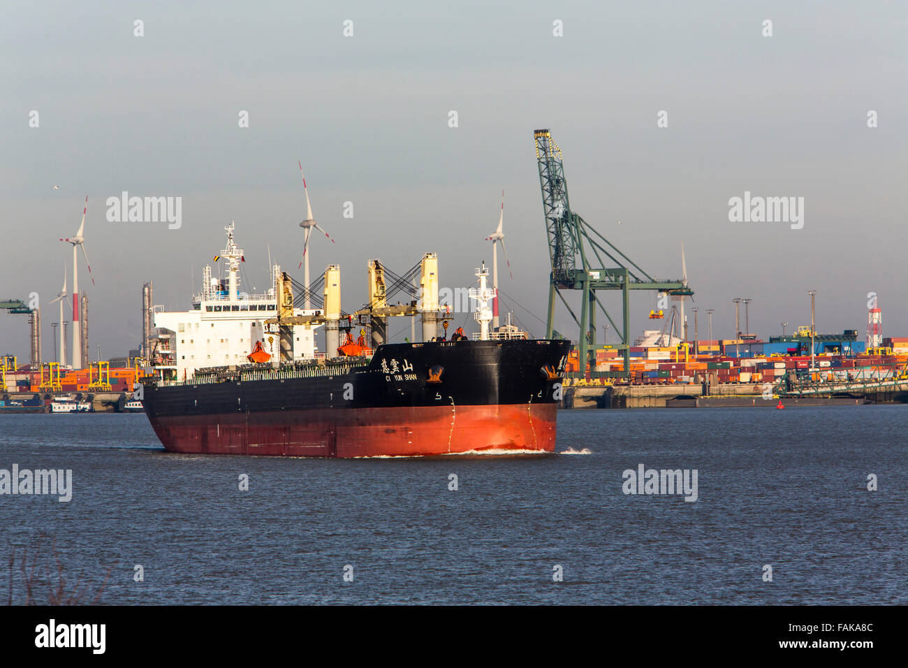 Port industriel d'Anvers, Belgique, des grues, des navires de marchandises, Banque D'Images