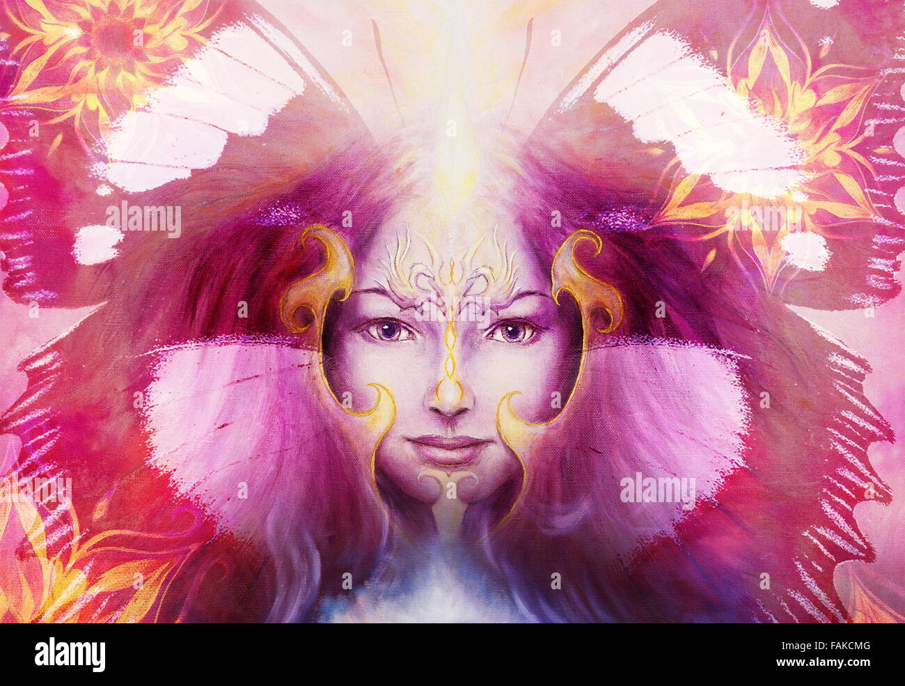 Belle peinture femme déesse avec mandala et ornementales résumé fond couleur désert et craquements Banque D'Images