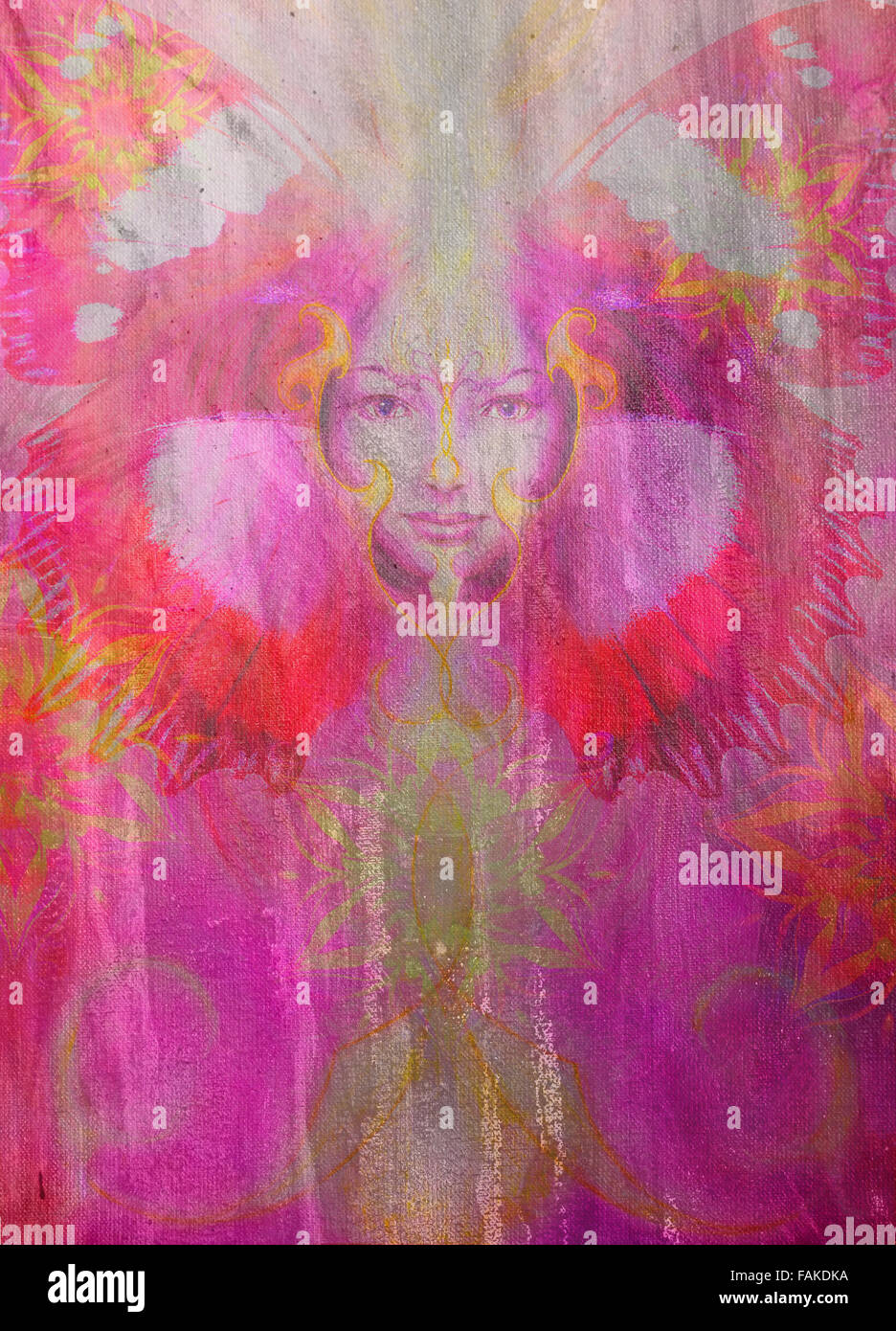 Belle peinture Déesse Femme avec oiseau phoenix sur votre visage avec mandala ornementales et les ailes de papillon et couleur résumé b Banque D'Images