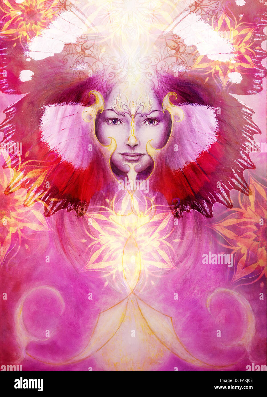 Belle peinture d'un esprit angélique violett avec une femme et des ornements d'or, dans les nuages de l'énergie et de la lumière pourpre Banque D'Images