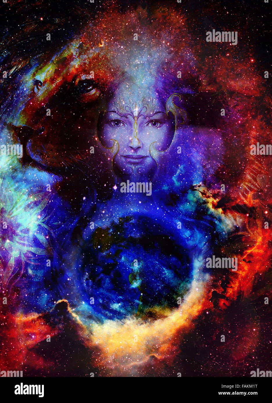 Femme Goodnes et lion dans l'espace et des étoiles. galaxi avec portrait de profil, contact avec les yeux Banque D'Images