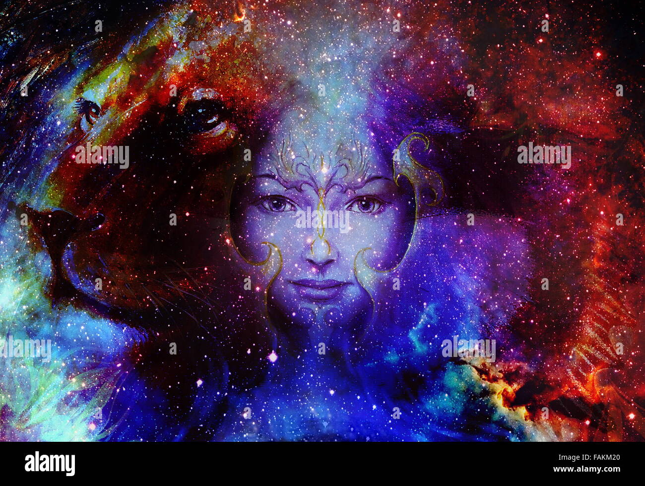 Femme Goodnes et lion dans l'espace et des étoiles. galaxi avec portrait de profil, contact avec les yeux Banque D'Images