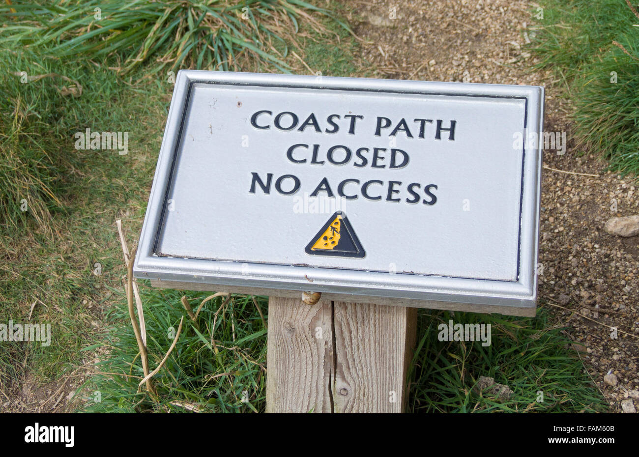 Panneau d'avertissement de fermeture du chemin de la côte, Péninsule du Lézard, Cornwall, England, UK Banque D'Images