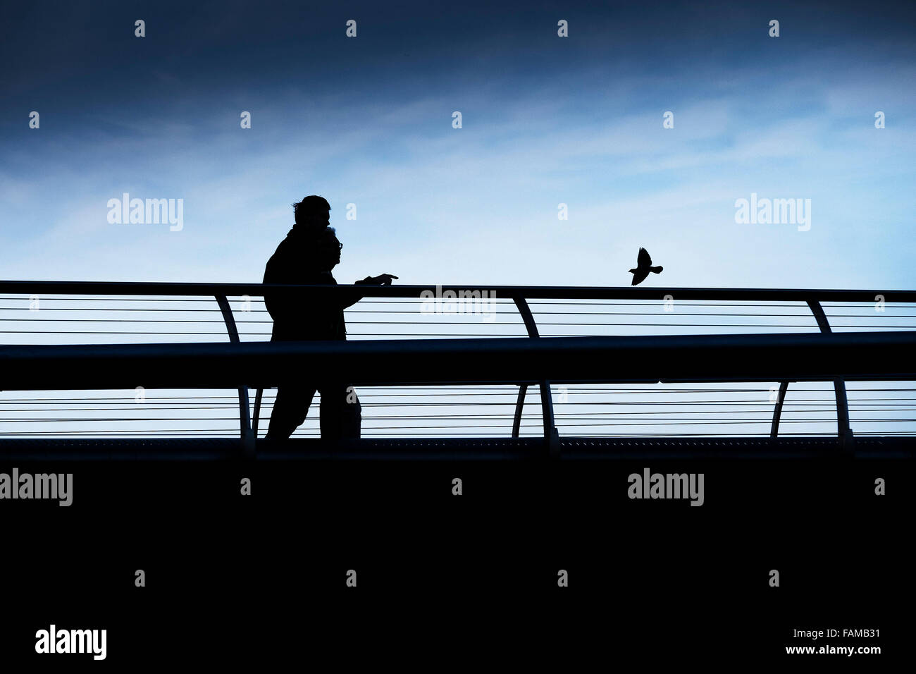 La silhouette de deux personnes et un oiseau sur le Millenium Bridge à Londres. Banque D'Images
