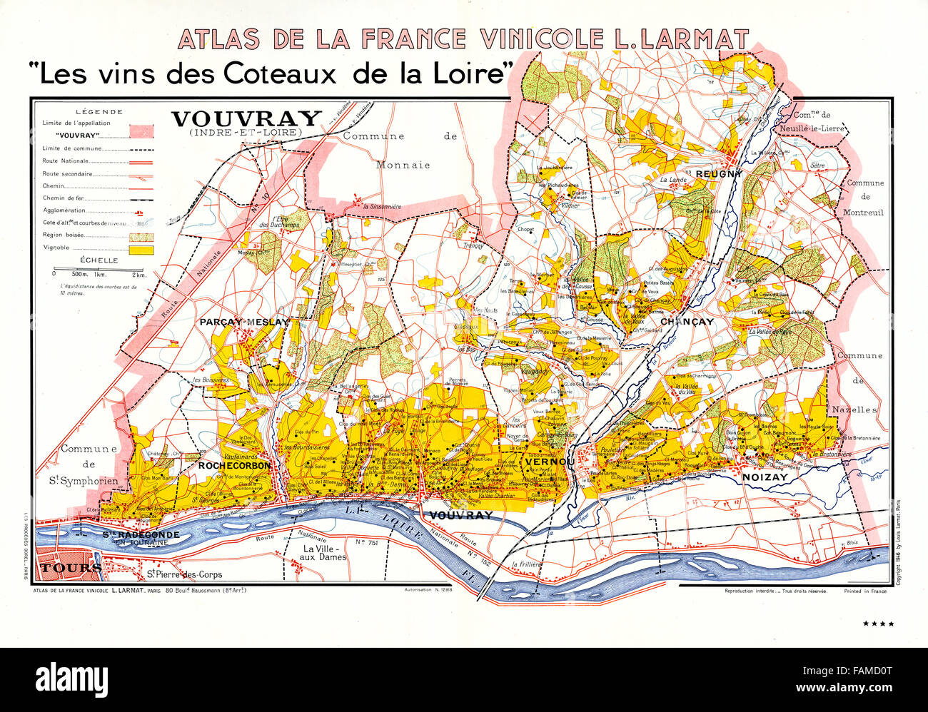 Le vignoble de Vouvray, Atlas des vins de la vallée de la Loire montrant les vignes, les villages et les villes de la région de vin blanc au-dessus de tours le long de la rivière Banque D'Images