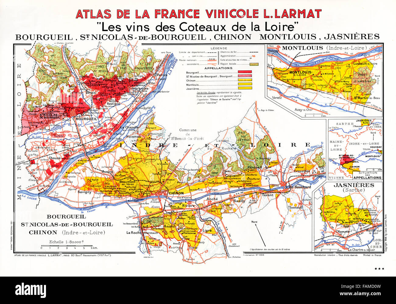 Les Vignobles de Touraine, Atlas des vins de la vallée de la Loire montrant les vignobles, villages et villes du centre de la région le long de la rivière Banque D'Images