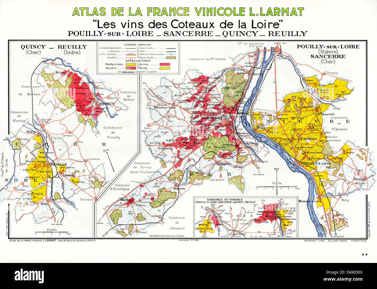 Les vignobles de de la Loire, Atlas des vins de la vallée de la Loire montrant les vignobles, villages et villes le long de la rivière Banque D'Images