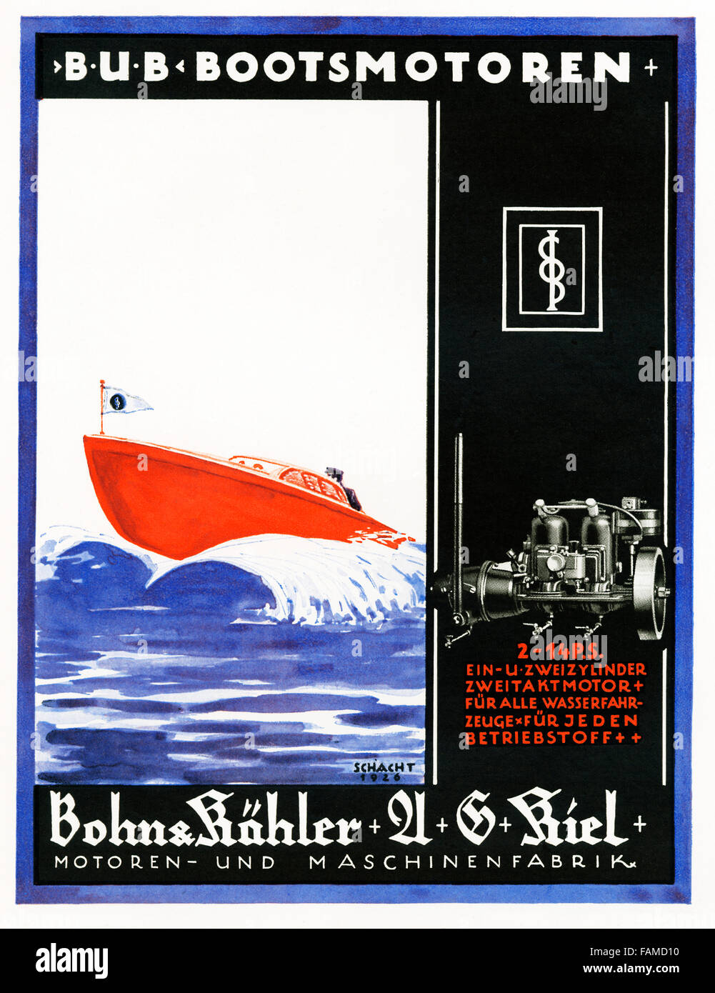 Bateaux, 1926 BUB poster par Schacht pour les moteurs marins 2 temps allemand fait à Kiel par Bohn & Kähler Banque D'Images
