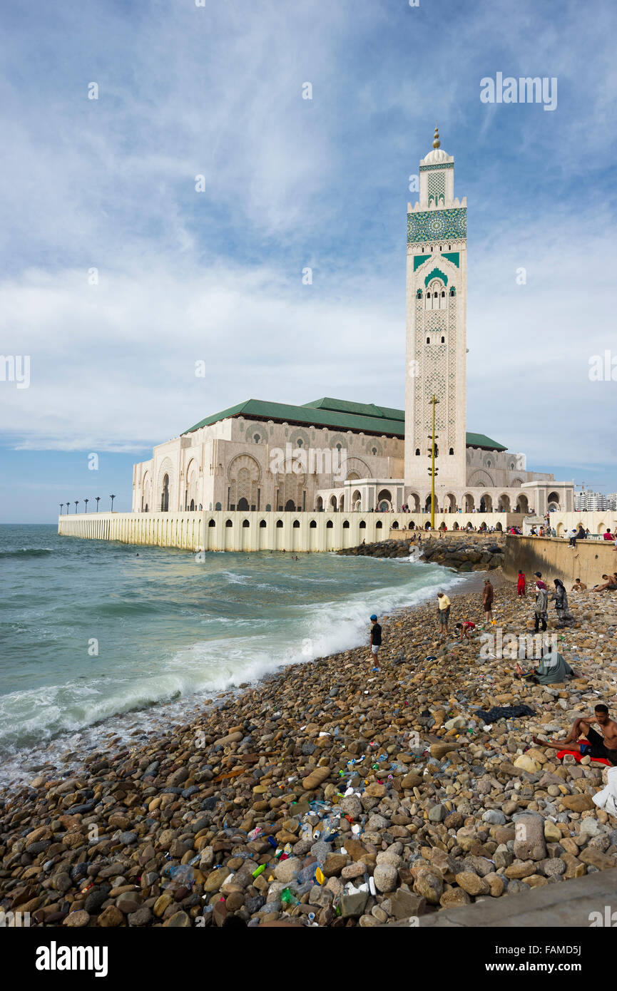 Mosquée Hassan II et de la plage, Casablanca, Maroc Banque D'Images