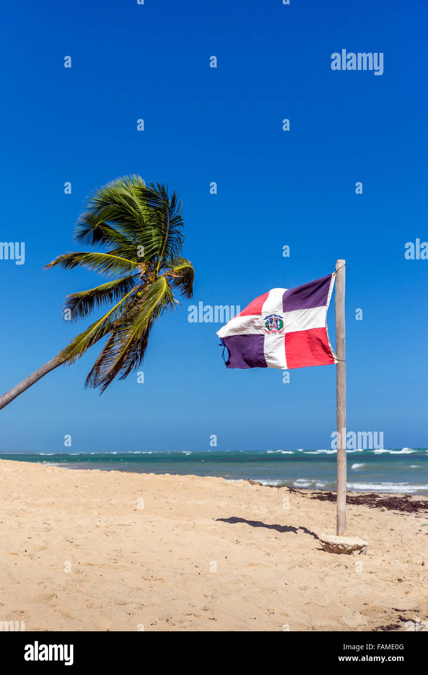 Plage de sable fin, palmier et drapeau République Dominicaine Banque D'Images