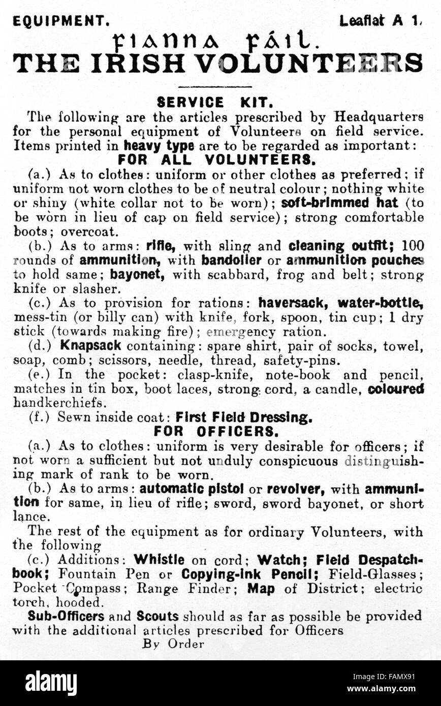 Insurrection de Pâques, l'ordre de l'équipement pour les Volontaires irlandais, l'organisation paramilitaire républicaine, délivré avant le soulèvement de 1916 Banque D'Images