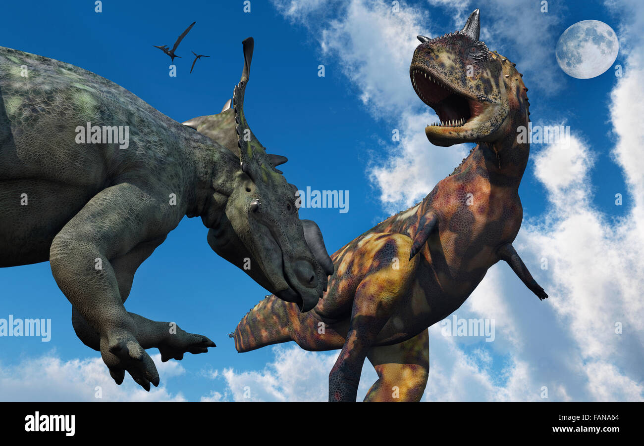 Un Confroning Pachyrhinosaurus UN Carnotaurus Banque D'Images