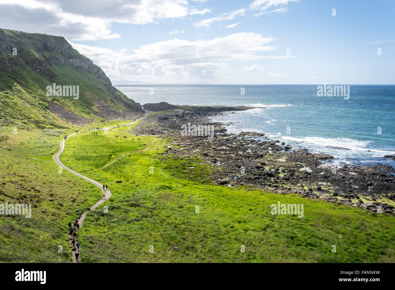 Sentier menant à la Chaussée des géants sur la côte nord de l'Irlande. Banque D'Images