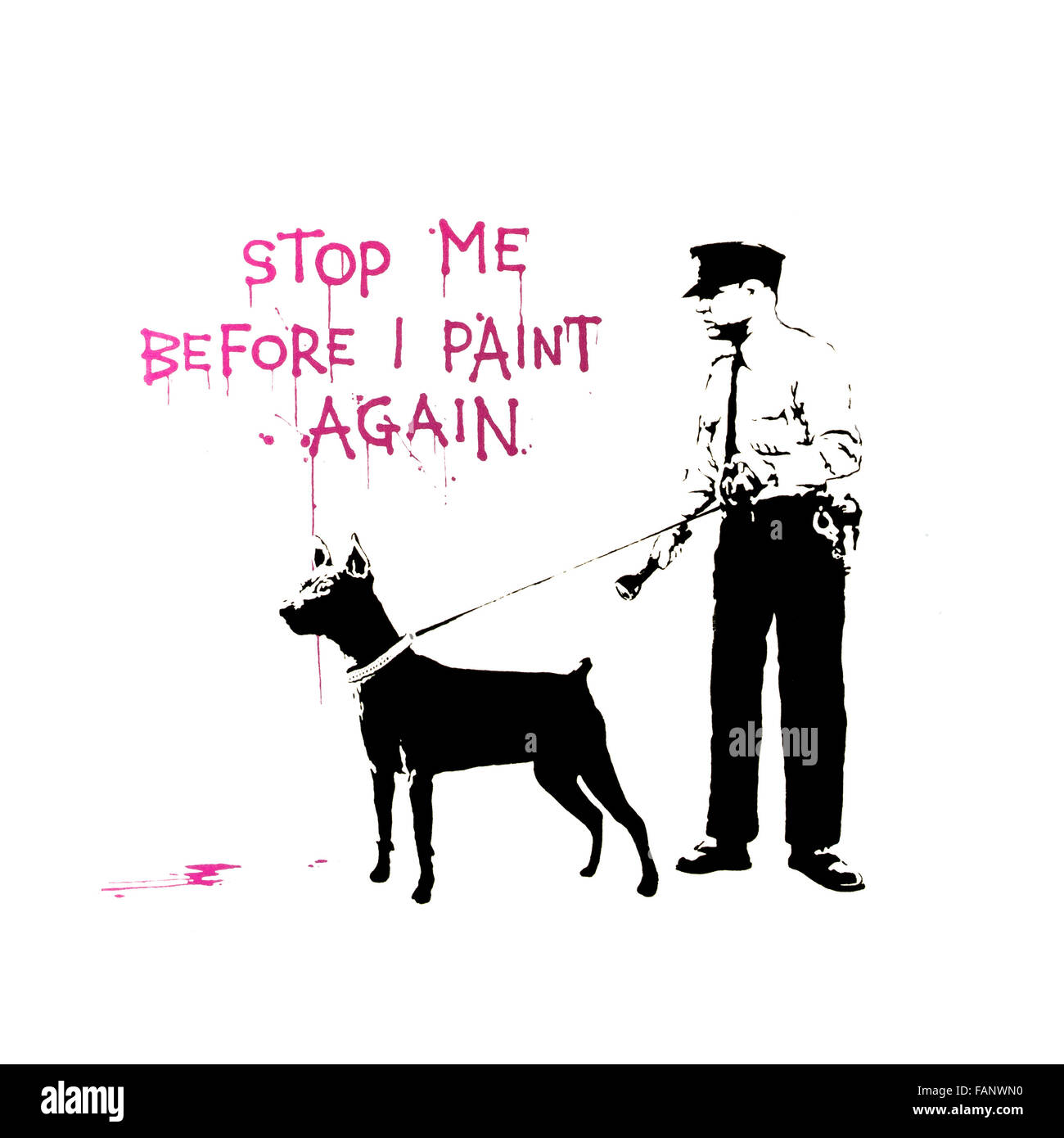 Stencil Graffiti Banksy 'Stop à moi avant de peindre. Banque D'Images