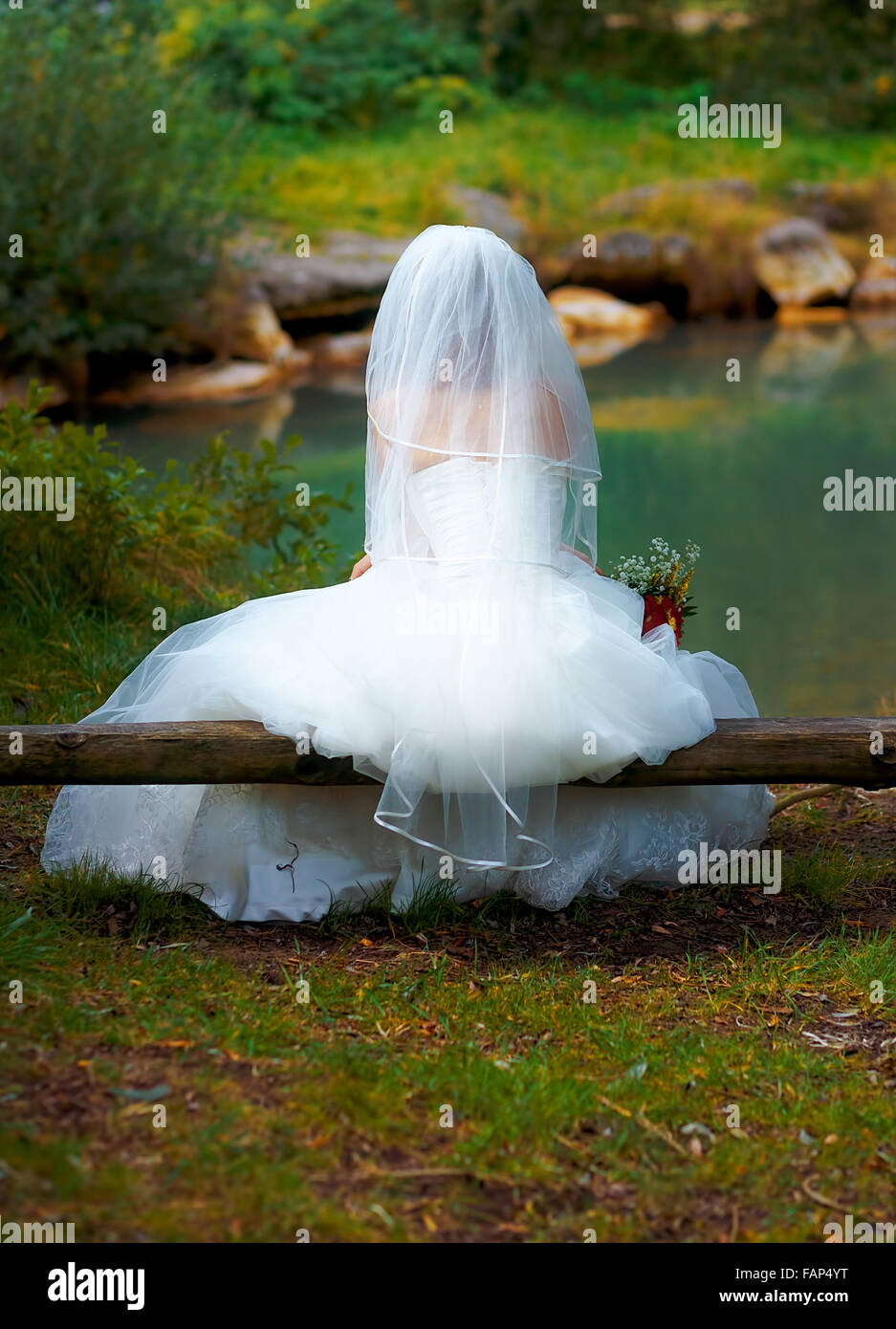 Dans la belle mariée robe de mariage avec long voile assis par un étang du  poisson dans la nature Photo Stock - Alamy