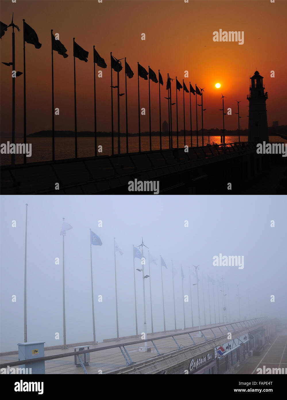Qingdao. 3 janvier, 2016. Combo photo prise le 18 juillet 2015 (haut) et le 3 janvier 2016 (en bas) montre la même place à Qingdao, une ville côtière dans la province de Shandong en Chine orientale. Le smog lourd a persisté dans la province le dimanche. Crédit : Li Qian/Xinhua/Alamy Live News Banque D'Images