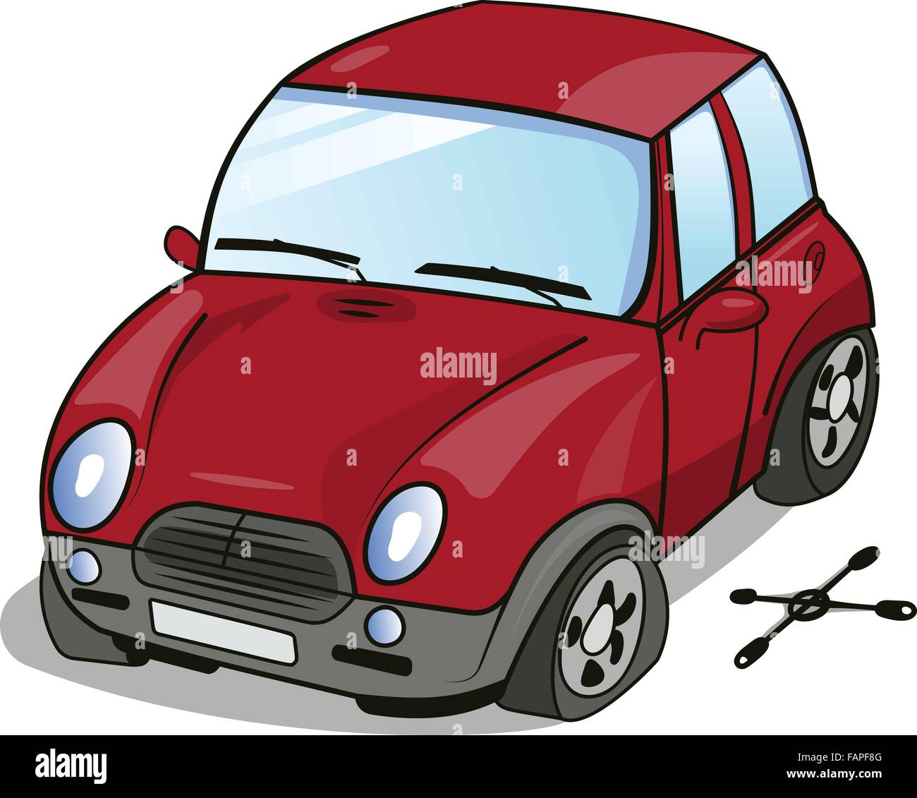 Cartoon Vector illustration d'une petite voiture rouge avec une roue brisée et la clé situé à proximité de la location Illustration de Vecteur