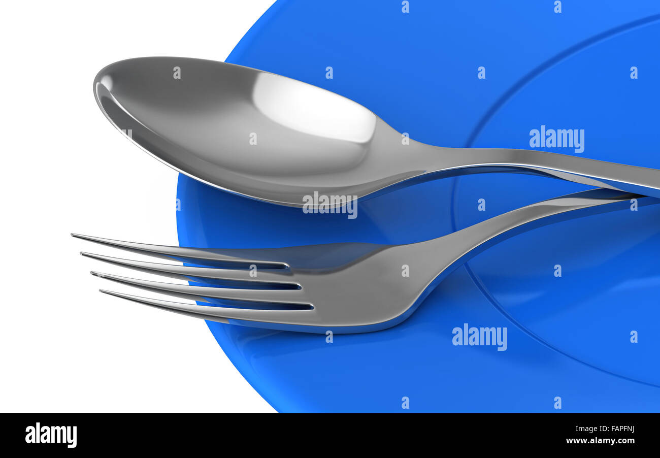 3D render of cuillère et fourchette en plaque bleue isolé sur fond blanc Banque D'Images