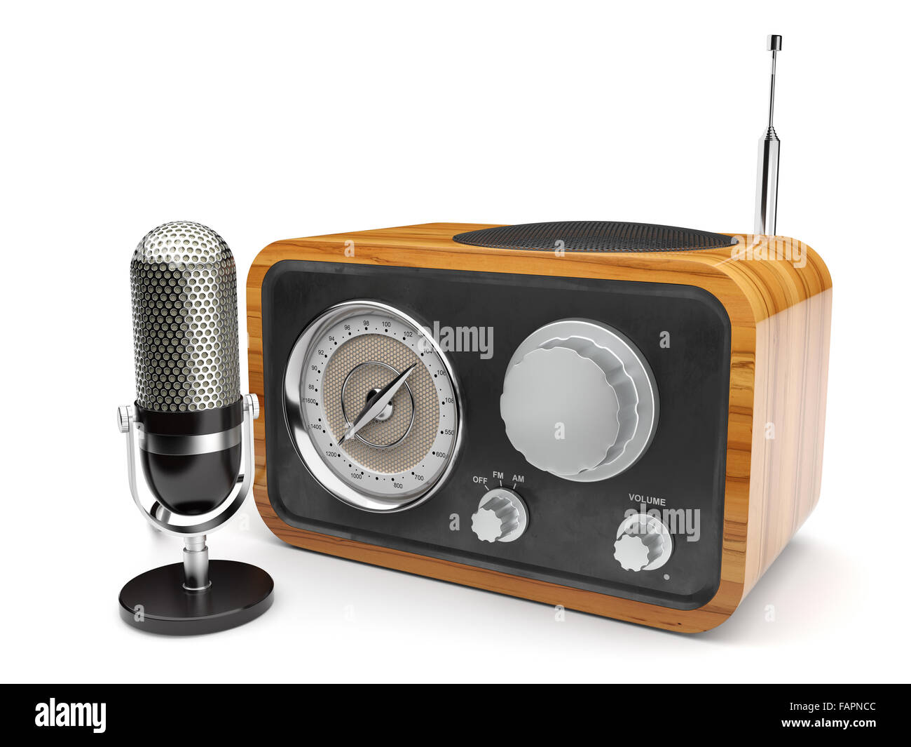 3d illustration de radio rétro en bois avec microphone. Isolé sur fond blanc Banque D'Images