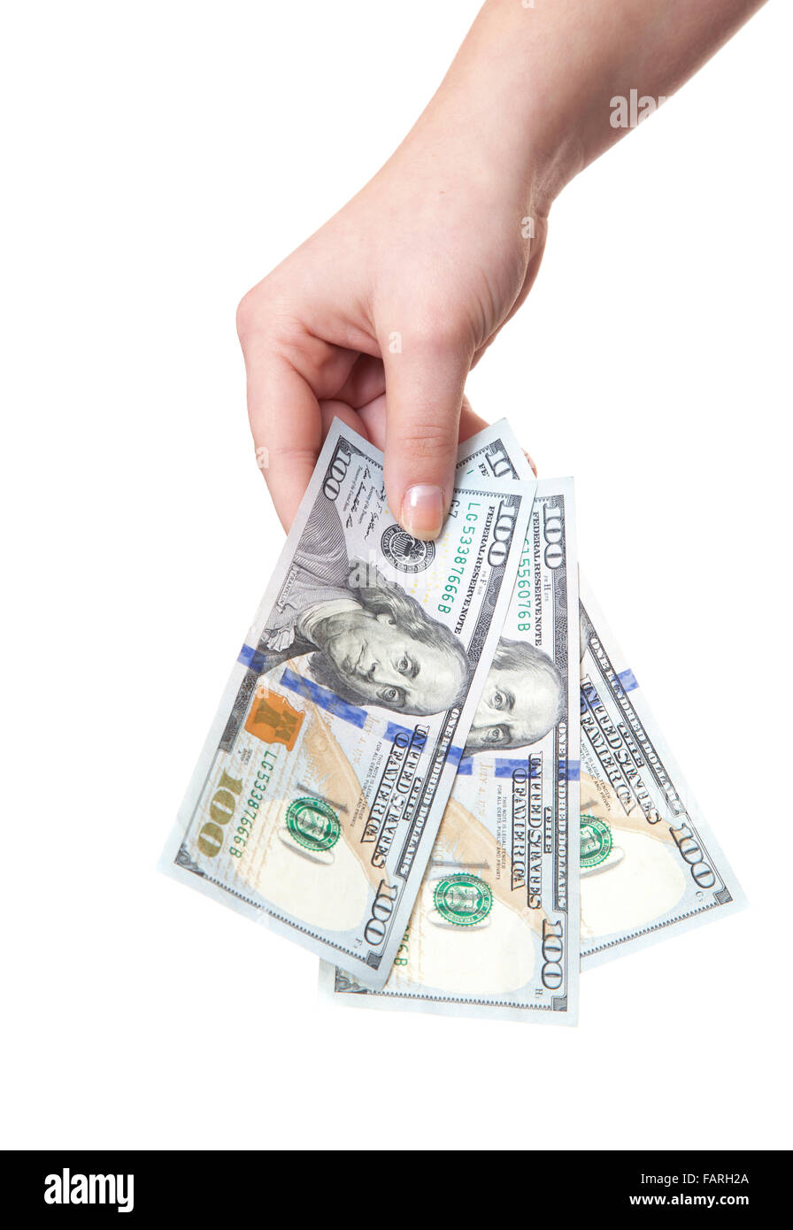 Main tenant cent dollars. Le tout sur fond blanc. Banque D'Images