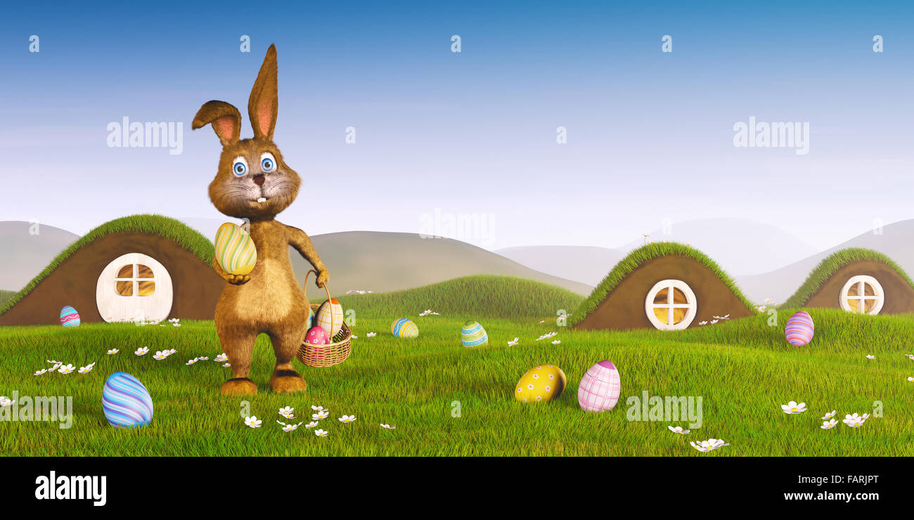 Un mignon petit lapin de Pâques entouré par des oeufs de Pâques. Banque D'Images