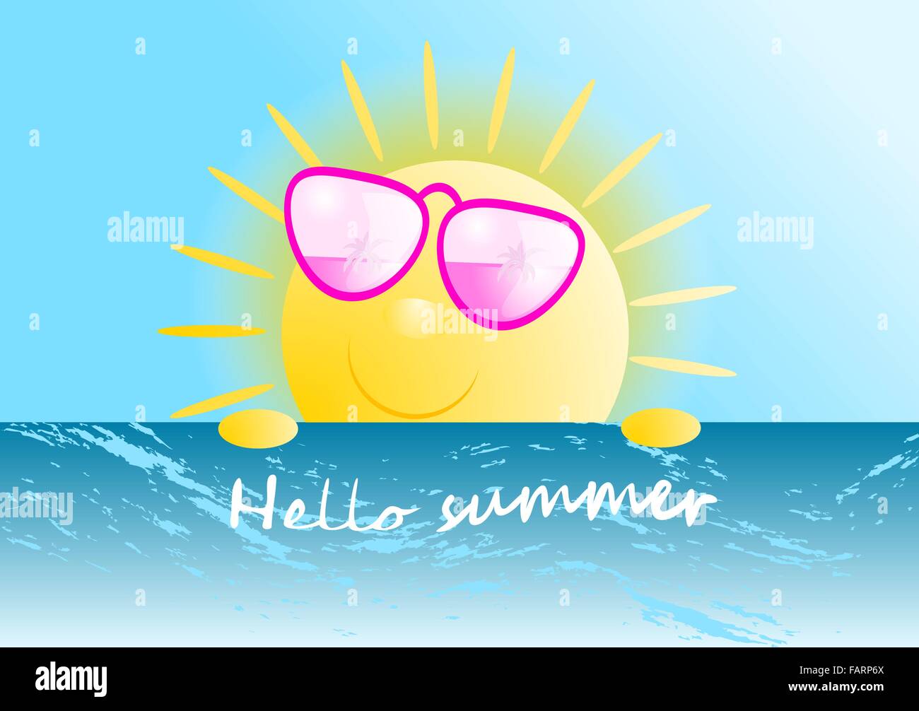 Soleil de l'été avec verre rose à la mer Illustration de Vecteur