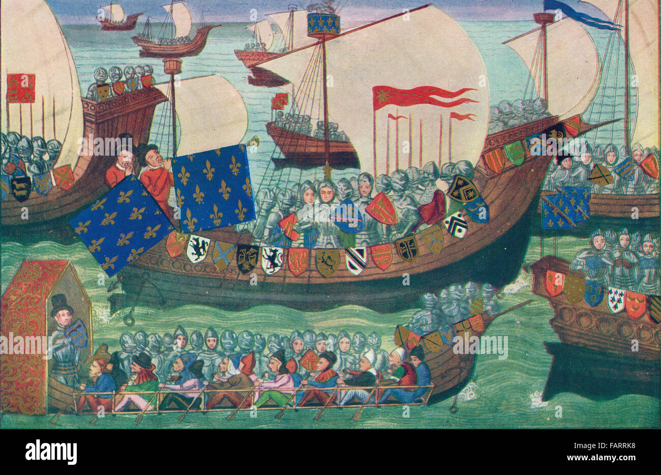 Anglais & Français croisade contre les corsaires barbaresques au départ de Gênes en 1390 Banque D'Images