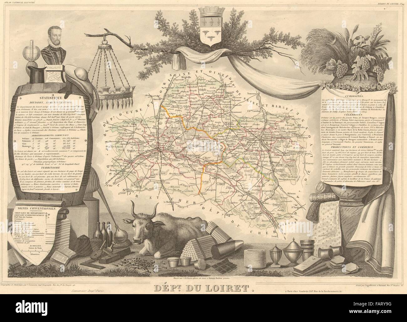 Département du Loiret. Carte antique décoratif/carte par Victor LEVASSEUR 1852 Banque D'Images