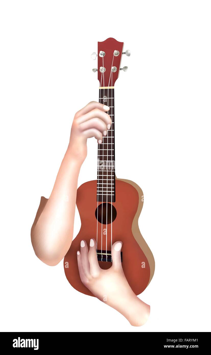 Dessin A La Main Musicien Holding Et Lecture D Une Jolie Couleur Marron Moderne Hawaii Ukulele Guitare Une Petite Guitare Et Four String Photo Stock Alamy