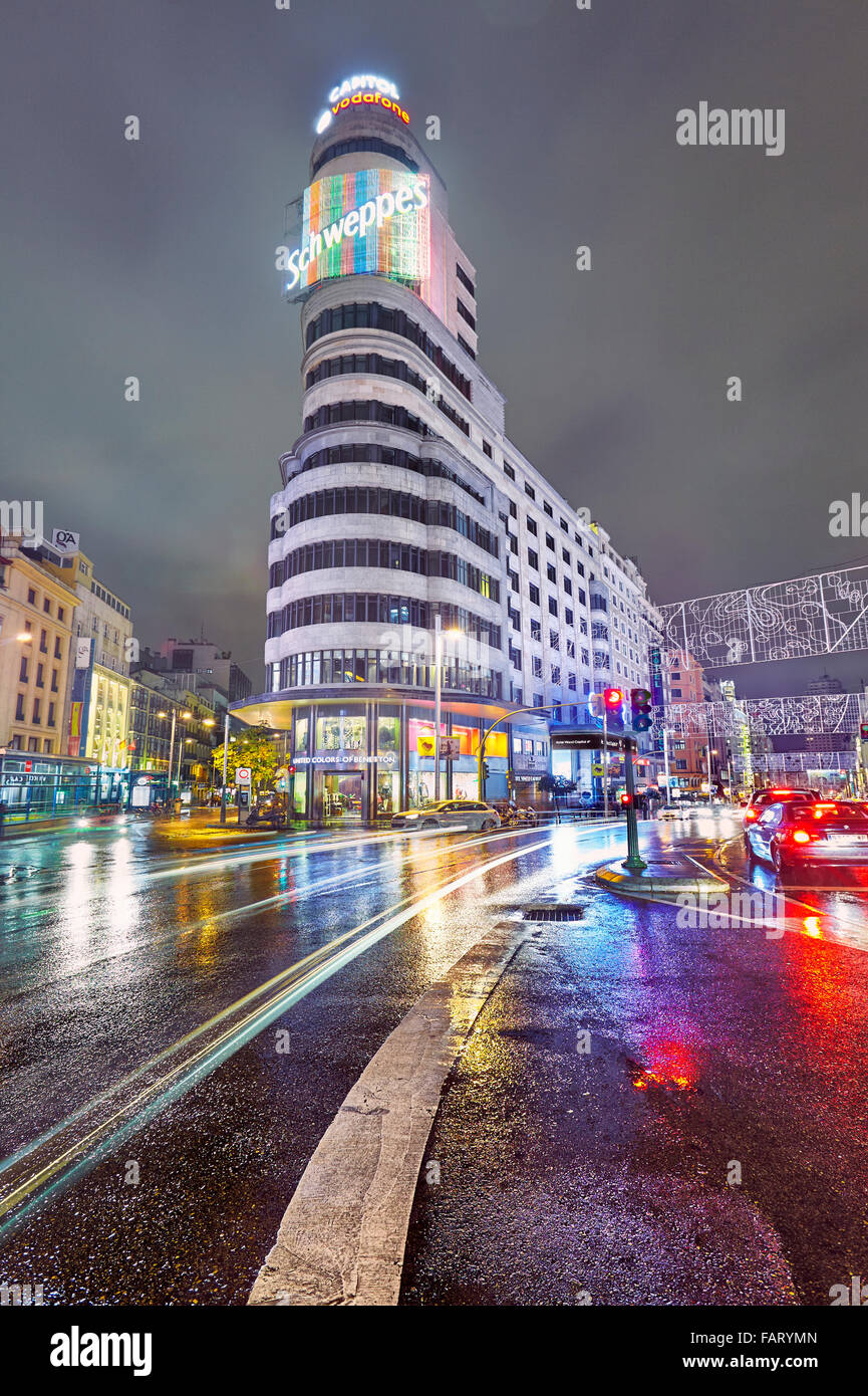 Callao square et de la rue Gran Via, au crépuscule. Madrid, Espagne. Banque D'Images