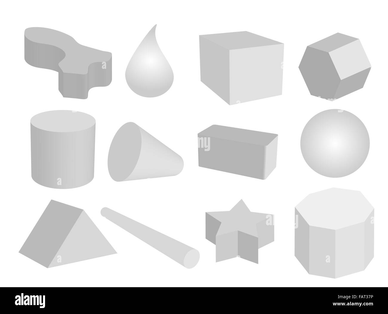 La forme géométrique des objets de couleur gris, chiffres ou créer dans une sphère, Triangle, hexagone, cylindre, cône, Drop et Cube Banque D'Images