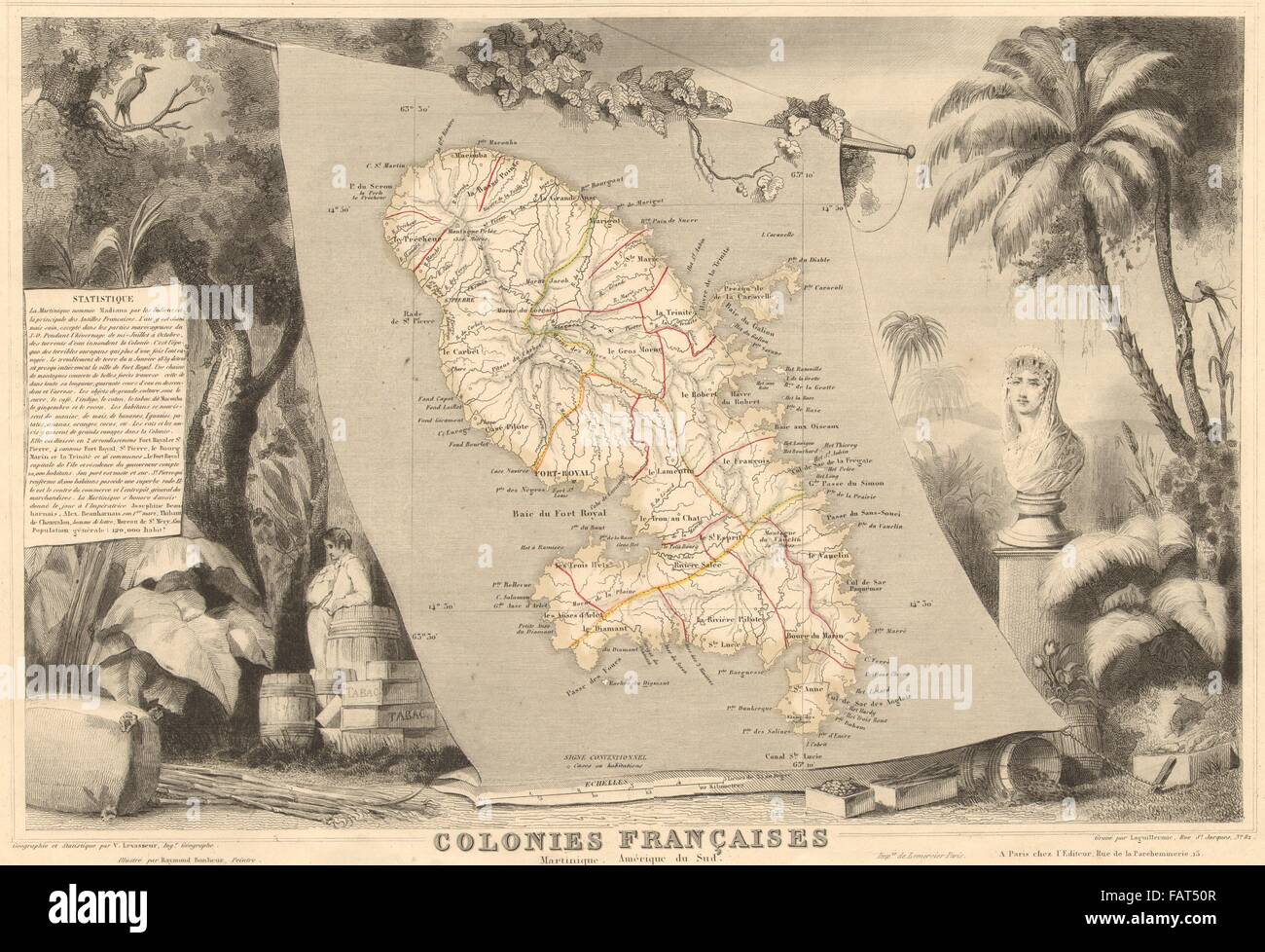 COLONIES FRANÇAISES MARTINIQUE AMÉRIQUE DU SUD. Antilles.Levasseur, 1852 map Banque D'Images